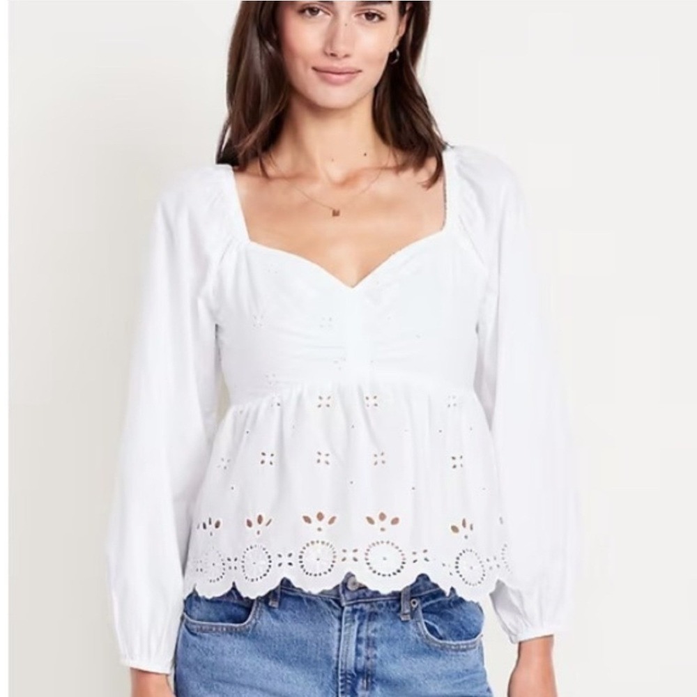 Old Navy Womens White Eyelet Peplum Top Sweetheart Balloon Sleeve Size M NWT‎